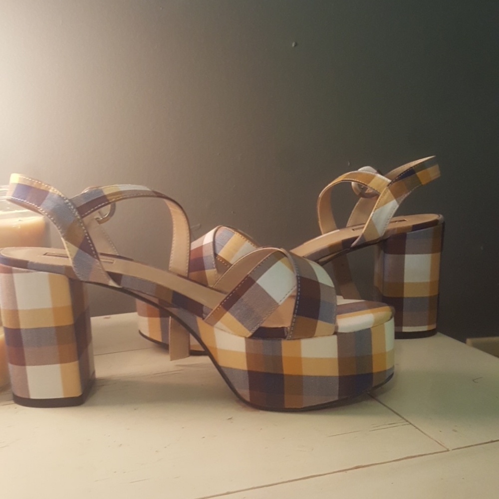 Forever 21 Plaid Ankle Strap Platform Heels Yellow
